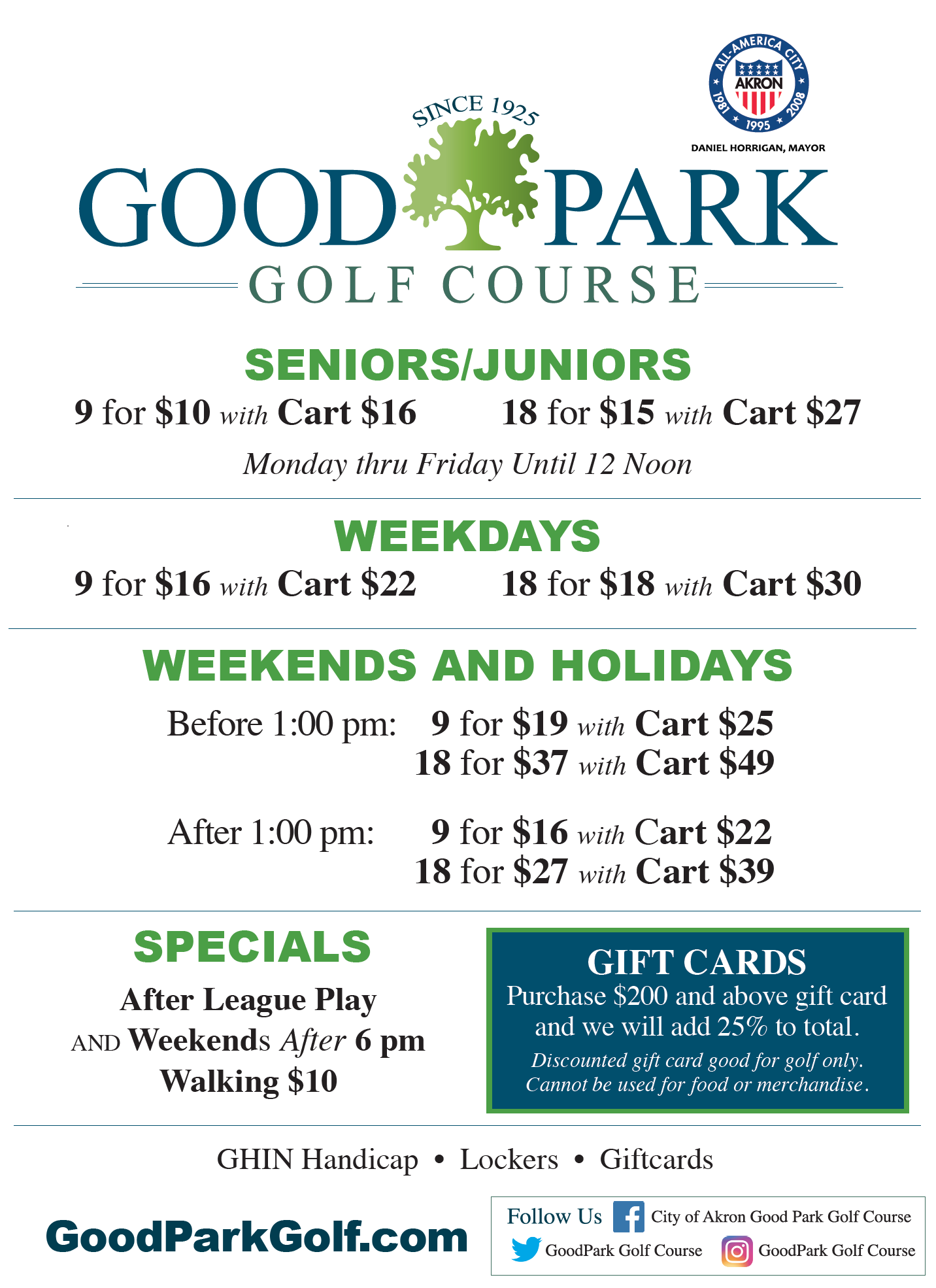 Rates J. Edward Good Park Golf Course